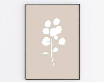 Plant Painting Print | PRINTABLE | Minimalist Aesthetic Boho Feminine Stem Print | Wall Art Decor | Modern Art Print | White and Beige Tan