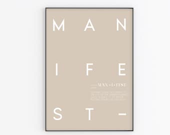 Manifest Definition Print | DIGITAL ART | Minimal Tan Wall Art | Affirmation Attract Print | Aesthetic Modern Quote Print Beige Brown White