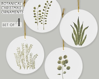 Set of 4 - Botanical Christmas Ornaments  | Minimalist Modern Ceramic Ornament | Snake Plant Pilea peperomioides |  Natural Christmas Decor