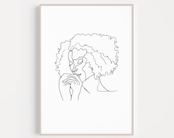 Natural Hair Curly Female Print | PRINTABLE | Aesthetic Minimalist Single Line Figure Drawing | Boho Feminine Decor | WOC Black Woman Art