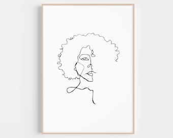 Natural Hair Black Woman Print Feminism |PRINTABLE | Female WOC Aesthetic Minimal Single Line Drawing Black Girl | Boho Feminine Curly Hair