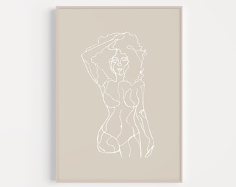 African Natural Hair Figure Drawing Art Print Tan | PRINTABLE | Aesthetic Minimalist Single Line Drawing | Black Woman Female Curly WOC Body