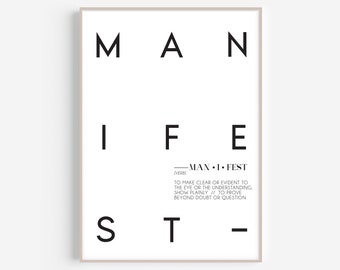 Manifest Print | PRINTABLE | Definition Wall Art | Attract Affirmations | Aesthetic Decor Quote | Modern Print Black and White Art