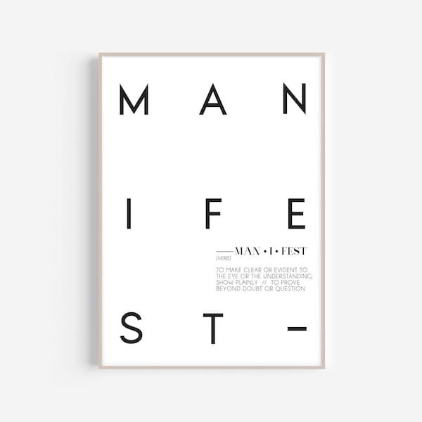 Manifest Print | PRINTABLE | Definition Wall Art | Attract Affirmations | Aesthetic Decor Quote | Modern Print Black and White Art