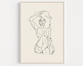 African Natural Hair Figure Drawing Print | PRINTABLE | Aesthetic Minimalist Single Line Drawing | Black Woman Female Curly WOC Body Print