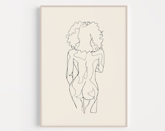 WOC Natural Hair Figure Drawing Print Beige | PRINTABLE | Minimalist Aesthetic Woman Body Single Line Drawing | Black Woman Curly Hair Body