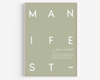 Manifest Definition Print | DIGITAL ART | Minimal Green Wall Art | Affirmation Attract Print | Aesthetic Modern Quote Print Sage Green White