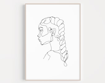 Braided Natural Hair Female WOC Print | PRINTABLE | Aesthetic Minimalist Single Line Braid Drawing | Boho Feminine Decor | Black Woman Print