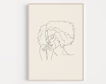 Natural Hair Curly Female Print | PRINTABLE | Minimalist Single Line Figure Drawing | Boho Feminine Aesthetic Decor | WOC Black Woman Art