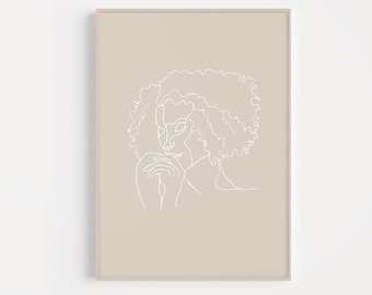 Natural Hair Curly Female Print | PRINTABLE | Minimalist Single Line Figure Drawing | Boho Feminine Aesthetic Decor | WOC Black Woman Art