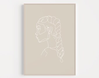 Braided Natural Hair Female WOC Print Tan Brown | PRINTABLE | Aesthetic Minimalist Single Line Braid Drawing | Boho Decor Black Woman Print