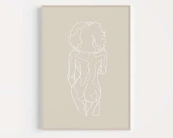 Natural Hair Figure Drawing Print Brown | PRINTABLE | Minimal Aesthetic Woman Body Line Drawing | Black Woman Curly Kinky Hair Silhouette