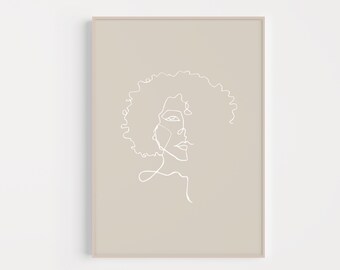 Black Woman Natural Kinky Curly Hair Print | PRINTABLE | Brown Tan | Female WOC Aesthetic Minimalist Single Line Drawing | Boho Feminist