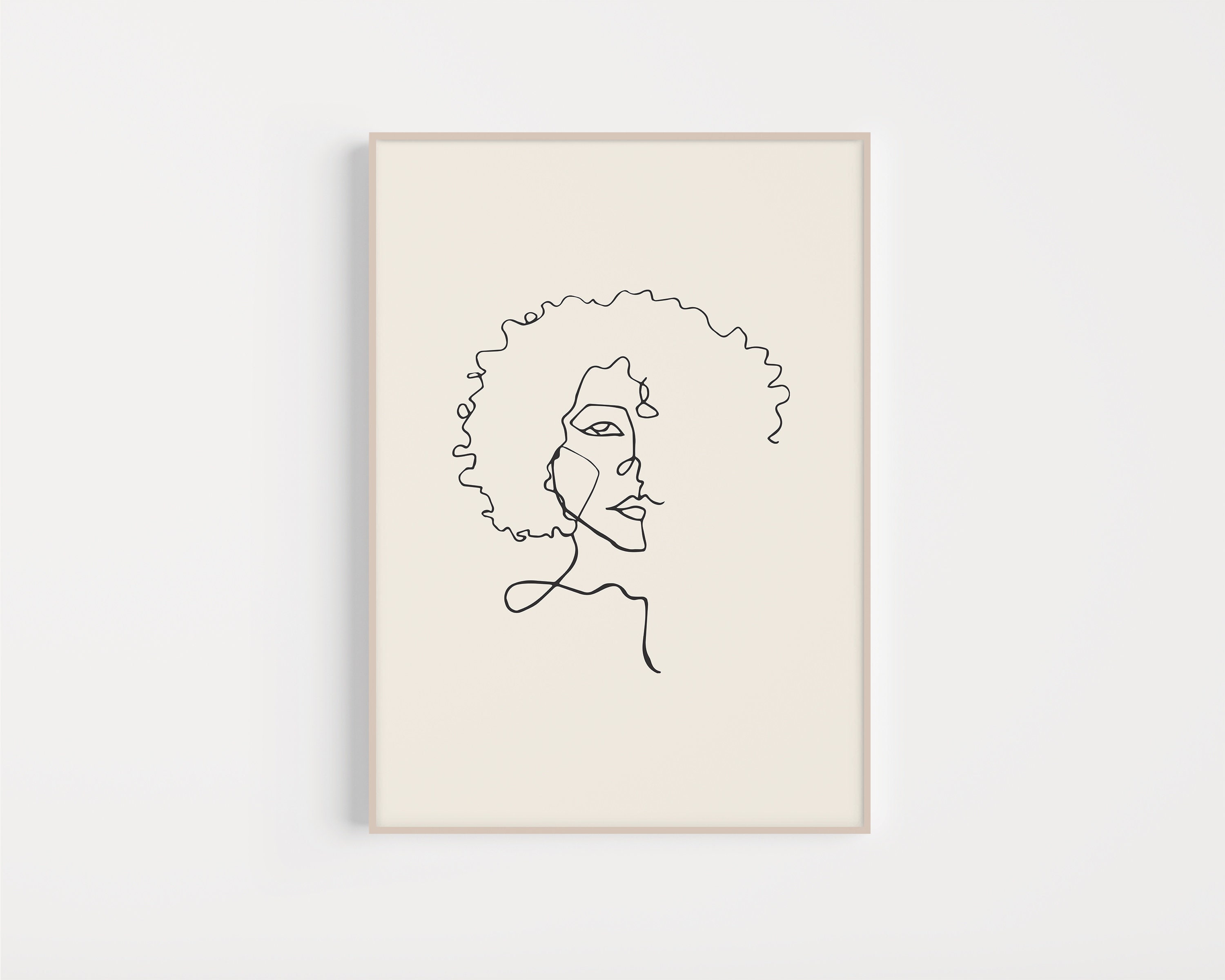 Natural Hair Black Woman Print | PRINTABLE | Beige Tan | Female WOC Aesthetic Minimalist Single Line Drawing | Boho Feminine | Kinky Curly