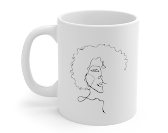 Minimalist Black Woman natural Hair Face line Drawing Ceramic Mug | Woc Black Girl Coffee Cup | Black History Month Gift | BLACK OWNED SHOP