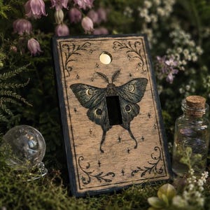 Engraved Wood Switch Plate Cover, Lunar Moth Art, Gothic Home Decor