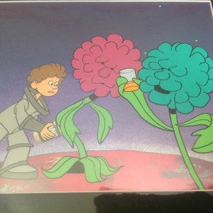 Animation Cel Outer Space Flowers  3 CEL Setup And Drawing - Tang Orange Drink-  Matted - Original - One Of A Kind - 1970&#39;s