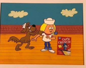 Cels de animación vintage de CAPT'N CRUNCH. Montaje de 3 celdas con fondo. Enmarcado. Original. Entintado a mano. Década de 1960.