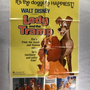 Póster original de la película estadounidense "La dama y el vagabundo", relanzamiento de 1972, muy buen estado - Walt Disney
