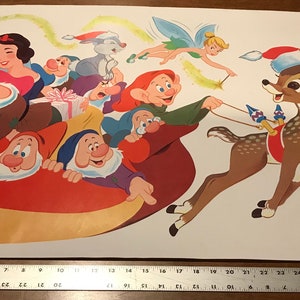 Vintage Walt Disney Holiday Poster -1960’s - Snow White, Thumper, Bambi, Tinkerbell, and The Dwarfs - Original Release - Rare