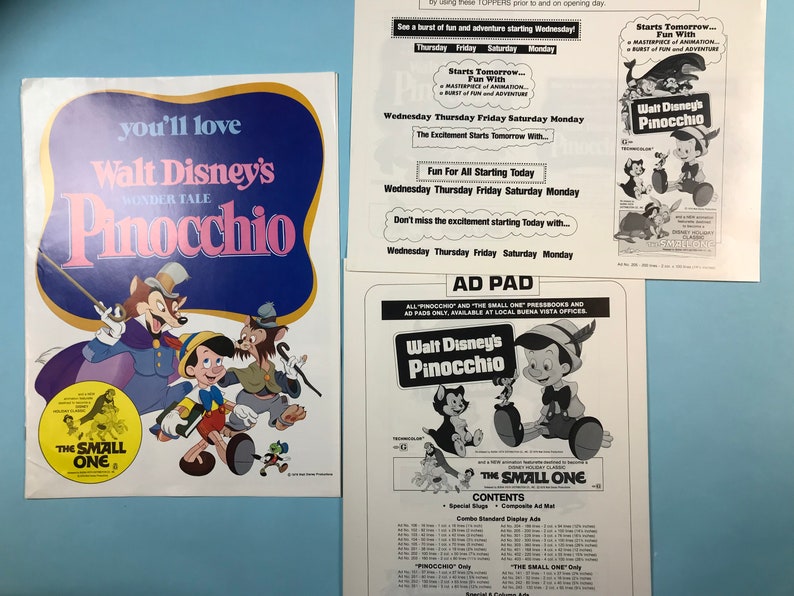 Disney’s Pinocchio Adpads, 3 Different Advertising Booklets -1978 ...
