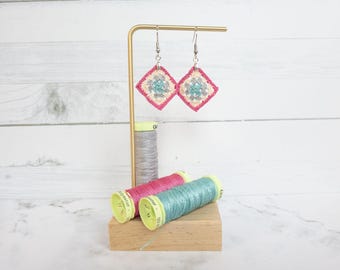 Micro Crochet Granny Square Earrings in Pink and Turquoise