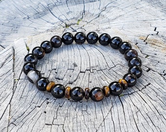 Protection Bracelet, Black Tourmaline and Tiger's Eye, 8mm crystal healing bracelet, Good Luck, Anti Stress