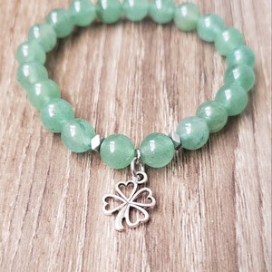 Green Aventurine Crystal Bracelet Four Leaf Clover Charm Bracelet 8mm