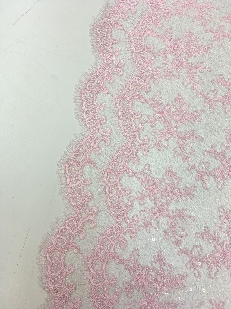 Soft Pink Scalloped Luxury French Bridal Lace Fabric by the Yard