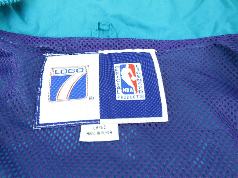 Vintage Logo 7 Charlotte Hornets Zip Jacket Mens L Teal Purple Windbreaker FLAW