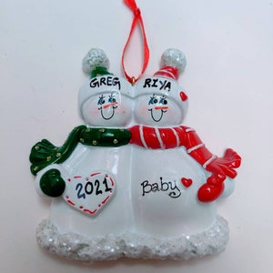 Personalized Snow Couple Expecting Baby Christmas Ornaments, Pregnant Couple Christmas Ornaments.