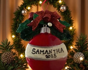Personalized Red Round  Ball With Glitters Christmas Ornament. Unique Hand Personalized Christmas Gift.
