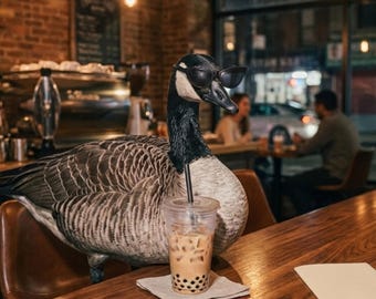 Funny Goose Wearing Sunglasses Boba Tea PNG Canadian Goose Cafe Aesthetic Sublimation Design Silly Goose Meme Streetwear Clipart Commercial