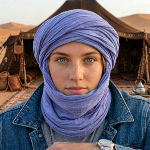 Oryginalny marokański szalik berberyjski Tuareg – nakrycie głowy w kolorze indygo blue, unisexowy szal pustynny