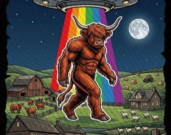Funny Highland Cow Bigfoot UFO PNG: Scottish Cattle Alien Abduction Sasquatch Country Farm Cryptid png Cute Highland Cow (Digital Download).