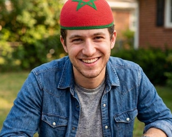 Handmade Moroccan Crochet Kufi Hat: Red Moorish Cap with Morocco Flag