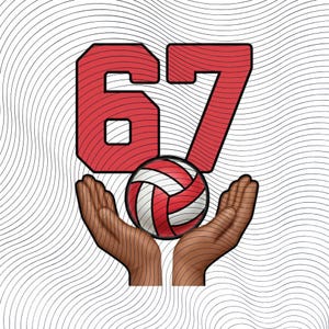 Peut inclure: Illustration d'un ballon de volley-ball tenu dans deux mains, avec le numéro 67 au-dessus. Le ballon de volley-ball est rouge et blanc, et le numéro est rouge avec un contour noir. Le fond a un motif ondulé noir et blanc.