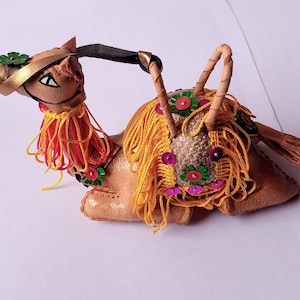 Artisan Crafted Vintage Leather Sitting Camel Figurine, Moroccan Handmade Sahara Camel Figurine - Unique Sculpture for Home Decor