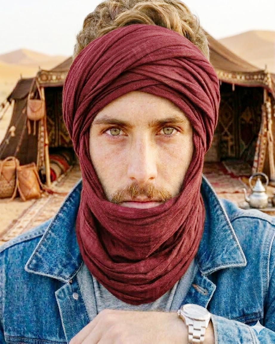 Olive Green Linen Tribal Desert Scarf, Unisex Head Wrap
