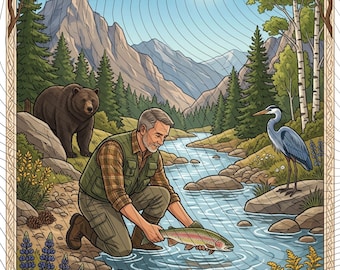 Respect the Locals Fishing moment with bear and heron by the riverbank in pine forest PNG nature wildlife mountain stream outdoor adventure