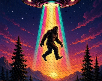 Bigfoot UFO Alien Abduction PNG, Retro Neon Sasquatch National Park Sublimation Design, Cryptid Extraterrestrial Believe Sci-Fi Clipart