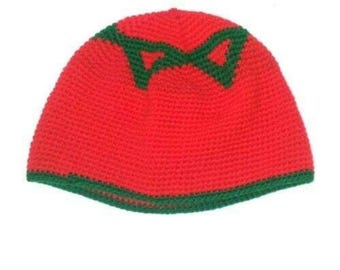 Men&#39;s Crochet Hat, Handcrafted Moroccan Kufi Traditional Red Cap, Headwear Crochet Knitted, Hat Morocco Flag, Bohemian Hats, Handmade Gift.