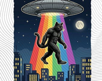 Buff Bigfoot Cat UFO Rainbow Abduction Funny Gym Cryptid Meme PNG: Bigfoot Sasquatch UFO Cat Rainbow Workout Cryptid png Alien Meme Fitness