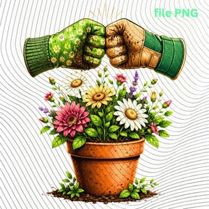 International Day of Friendship PNG: Two Gardening Gloves Bumping Fists Above Blooming Flowers Shared Pot Garden Friendship png Digital File