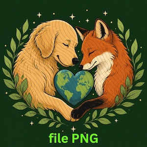 May include: A golden retriever and a red fox with closed eyes facing each other, holding a blue and green heart-shaped globe between them, surrounded by a circular frame of green leaves and small white stars against a dark green background.