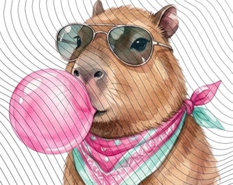 Capybara Blowing Bubble Gum PNG, Cute Preppy Capybara Clipart, Transparent PNG Sublimation Design, Digital Download for T-Shirts & Stickers