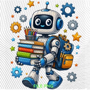 Peut inclure: Un robot blanc et bleu portant une pile de quatre livres colorés et un pot à crayons, avec un sac à dos bleu et jaune. Le robot est entouré d'étoiles flottantes orange, jaunes et bleues ainsi que de divers engrenages mécaniques gris et bleus.