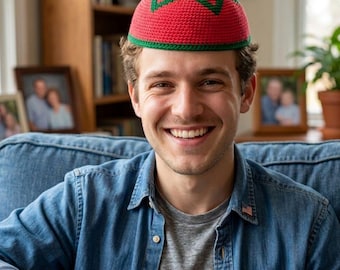 Handmade Red Moroccan Kufi Hat – Crochet Star Design Men's Headwear
