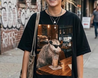 Opossum Drinking Bubble Tea PNG, Retro Cafe Flash Photo Sublimation Graphic, Cool Possum Sunglasses Meme Clipart T-Shirt Design