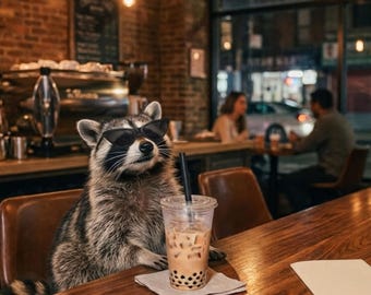 Cool Raccoon Drinking Boba Tea Cafe Aesthetic PNG: Raccoon Boba Tea Cafe Lover png Trendy Animal Clipart Aesthetic Design (Digital Download)